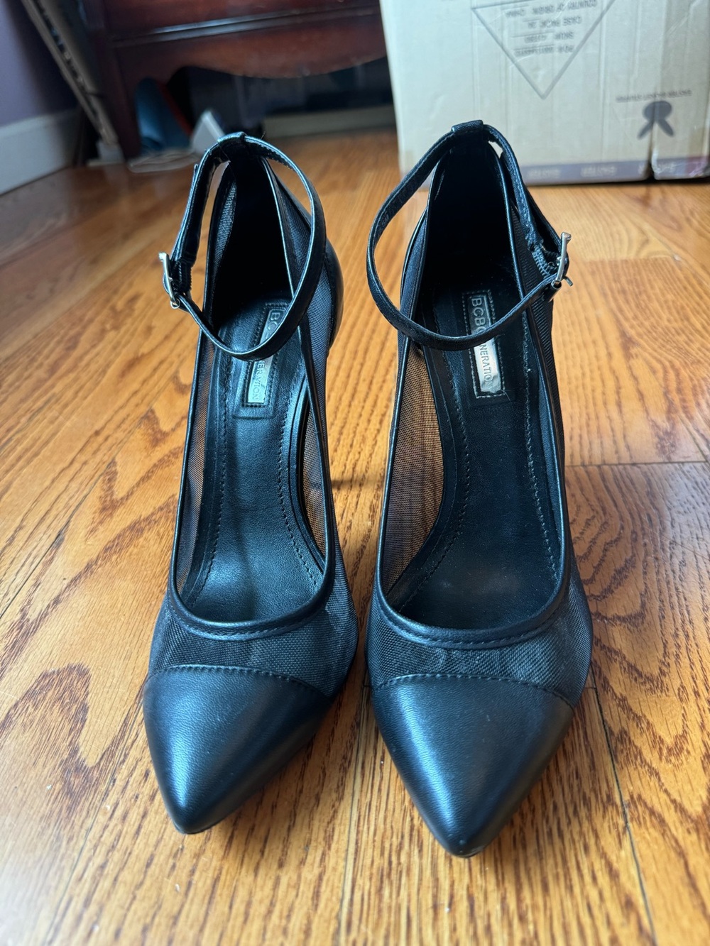 BCBG Sleek Black Pointed Ankle-Strap Heels